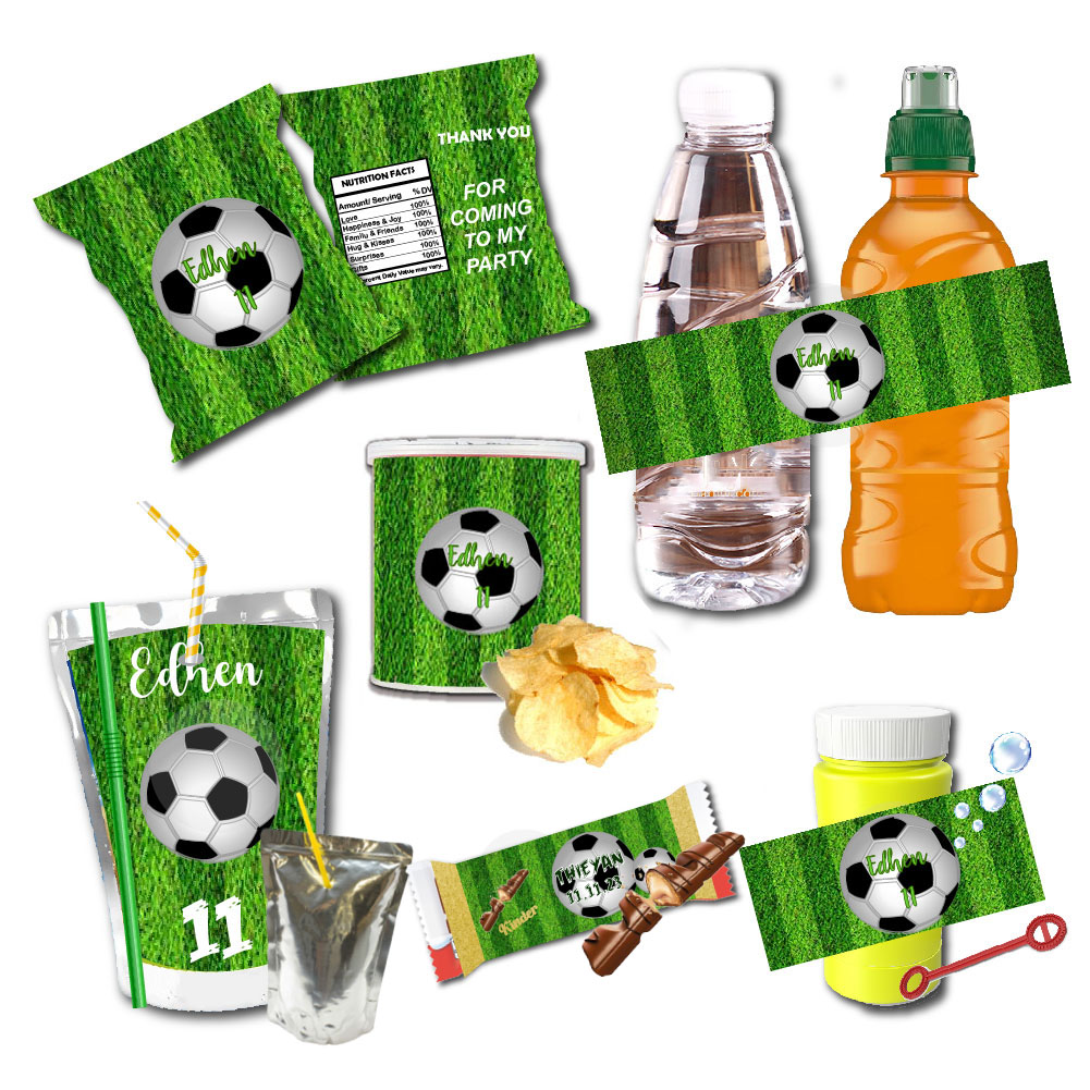 Food Snacks Packaging - Personalisierte Fußball-Geburtstags-Wasserflaschenetiketten, Saftbeutel, Dankeschön-Aufkleber, Snack- und